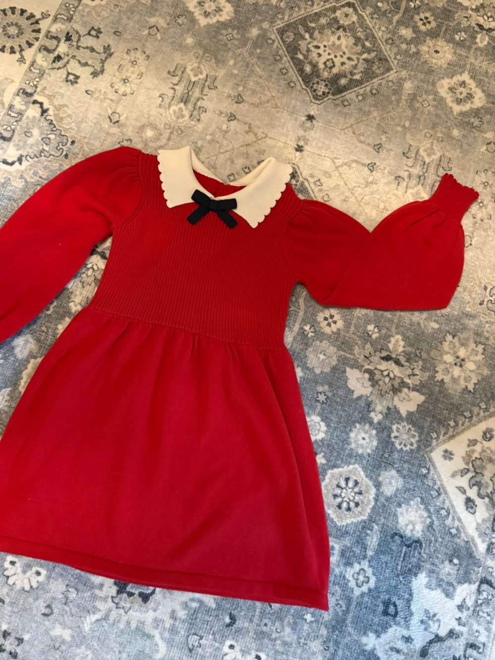 Janie and Jack Red Knit Dress with Cream Scalloped Collar and Navy Bow Accent